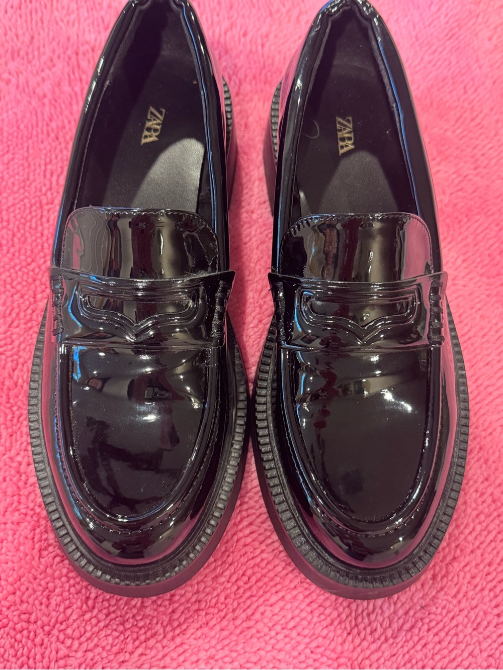 Zara women's Black Patent Leather Slip-On Loafers
